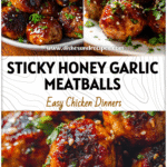 Plate of sticky honey garlic chicken meatballs glazed to perfection with herbs and sesame seeds.